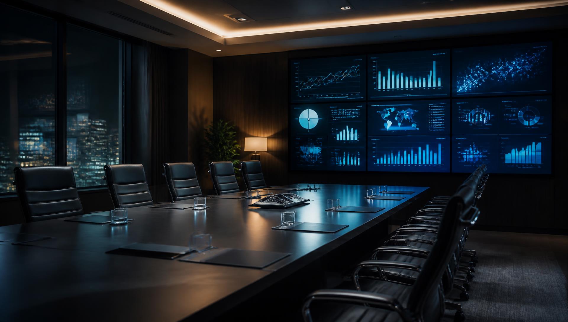 An empty boardroom at night, its wall of screens still reporting