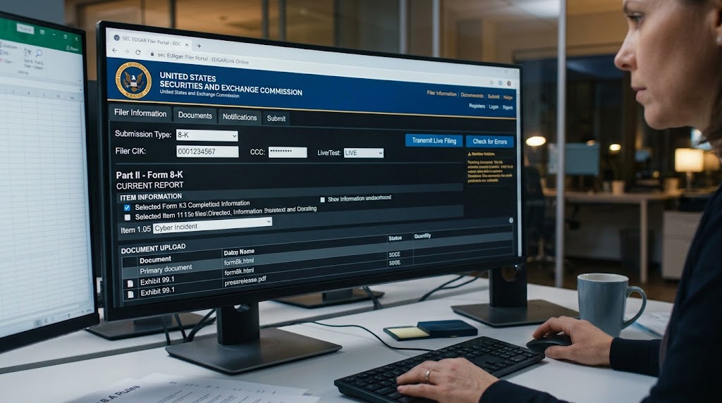 A filer entering an 8-K submission into the SEC EDGAR portal by hand, a spreadsheet open on the second screen